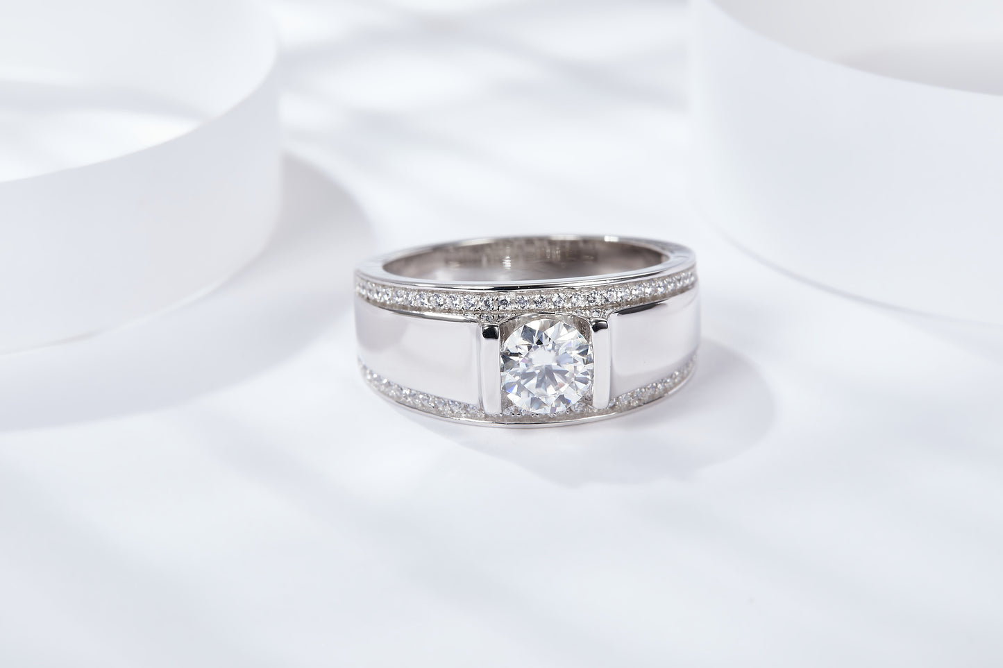 S925 Sterling Silver Wide Band Moissanite Ring, 1&2ct D-VVS1 Bezel Set With Pave Edges, US Sizes 5-9, GRA Certificate Gift Box