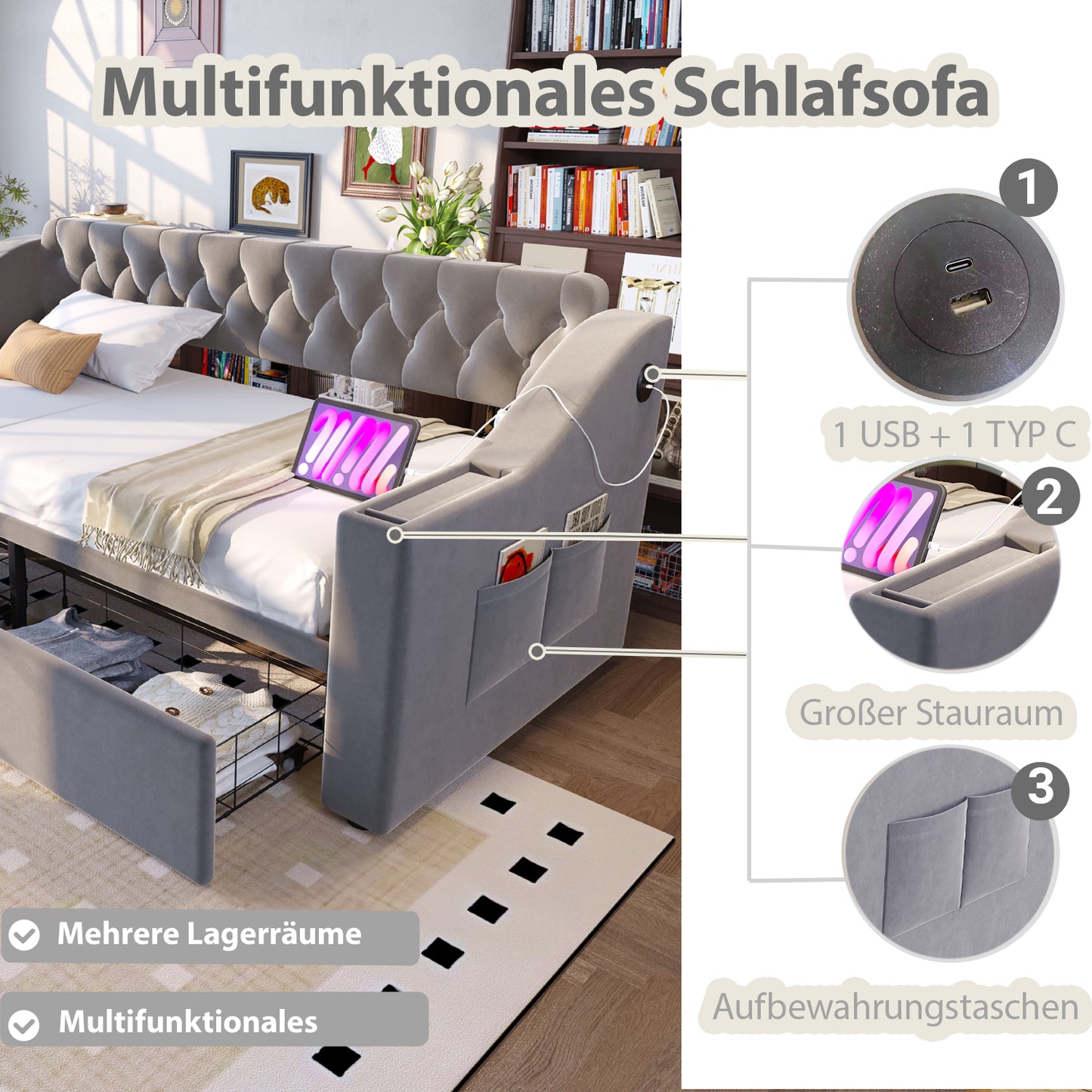 Upholstered Bed Sofa Bed 90x190 Cm, Wider And Thicker Armrests With USB Charging Port, Integrated Shelf In The Armrests, With Storage Pockets, With Storage Drawer, Velvet Fabric, Light Grey