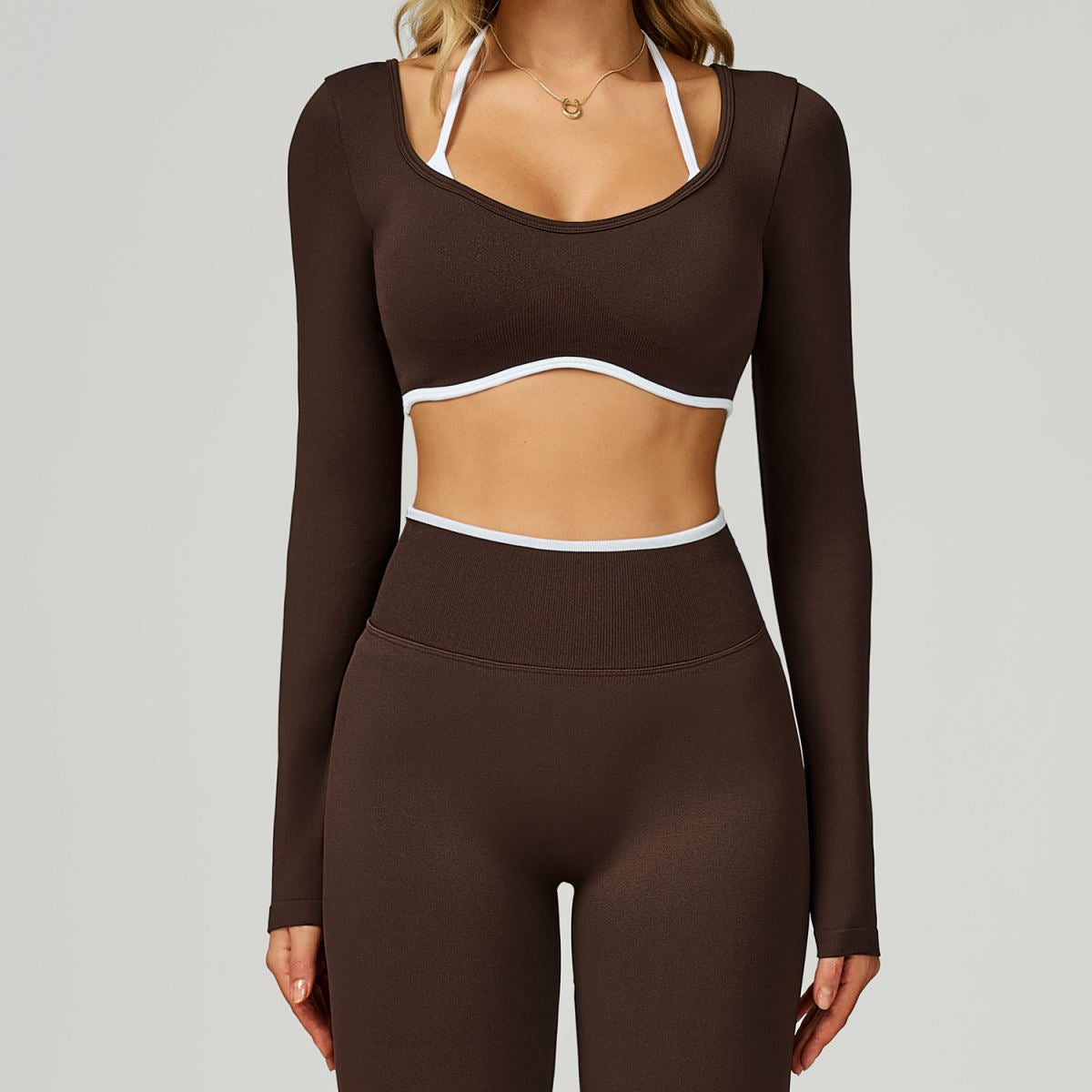 Seamless Contrast Color Yoga Long Sleeve Fake Two-piece Short Version Slim Fit Yoga T-shirt