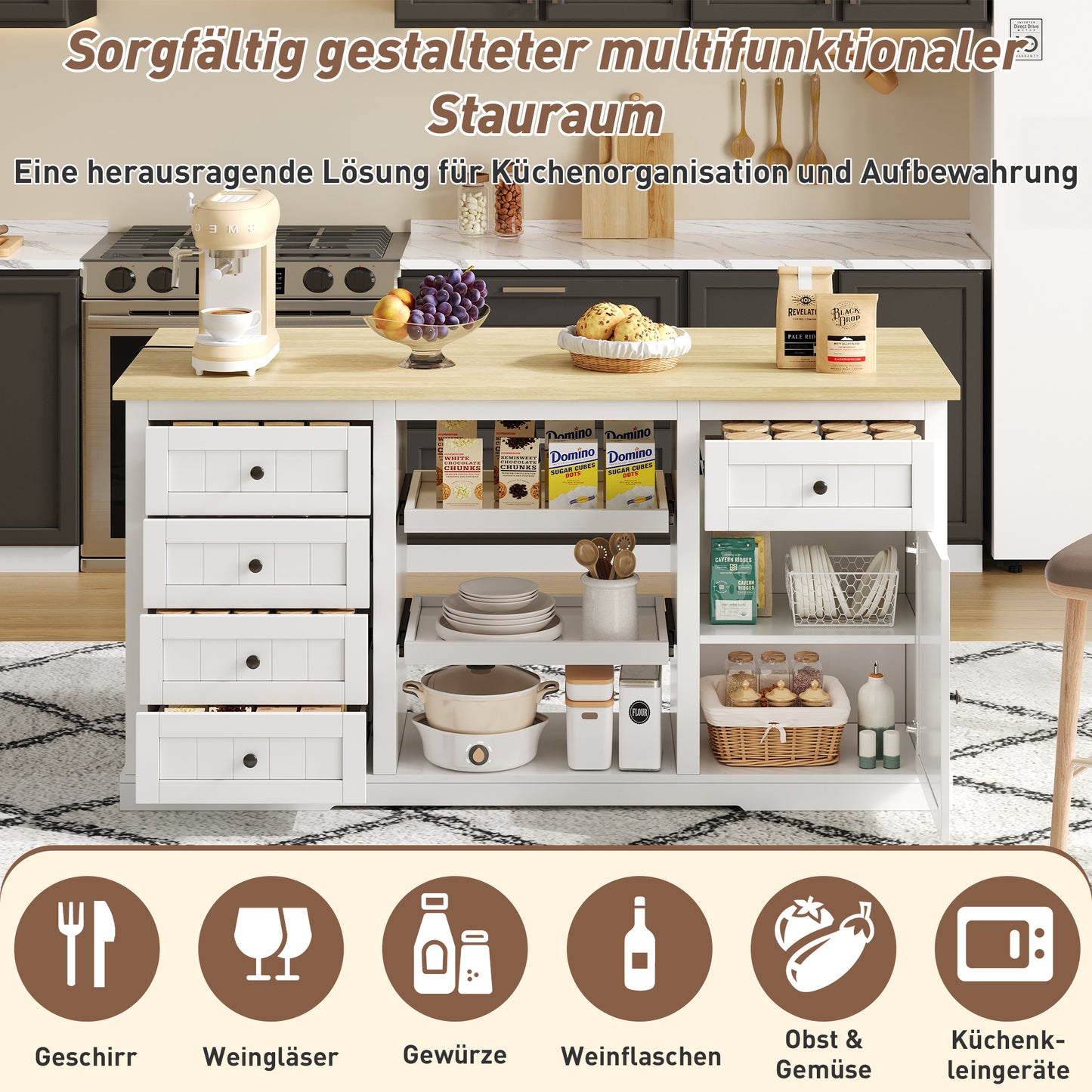 Sideboard, Kitchen Island, Bar Cabinet With 5 Drawers, 2 Pull-out Shelves, Foldable Extension Plate And Integrated Sockets, For Kitchen, Dining Room And Living Room, White, 150x65x75 Cm