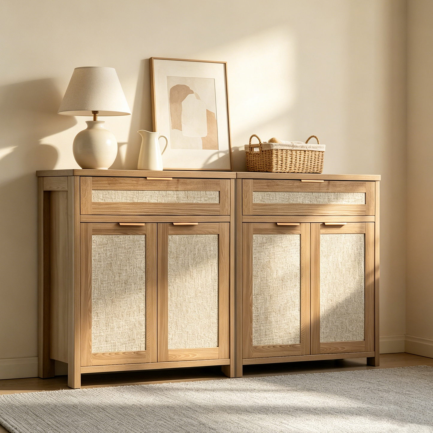 Rattan Sideboard Buffet Cabinet, Farmhouse Storage Cabinet With Adjustable Shelf, Boho Kitchen Buffet Cabinet With Drawer For Dining, Kitchen, Entryway, Living Room, Wood