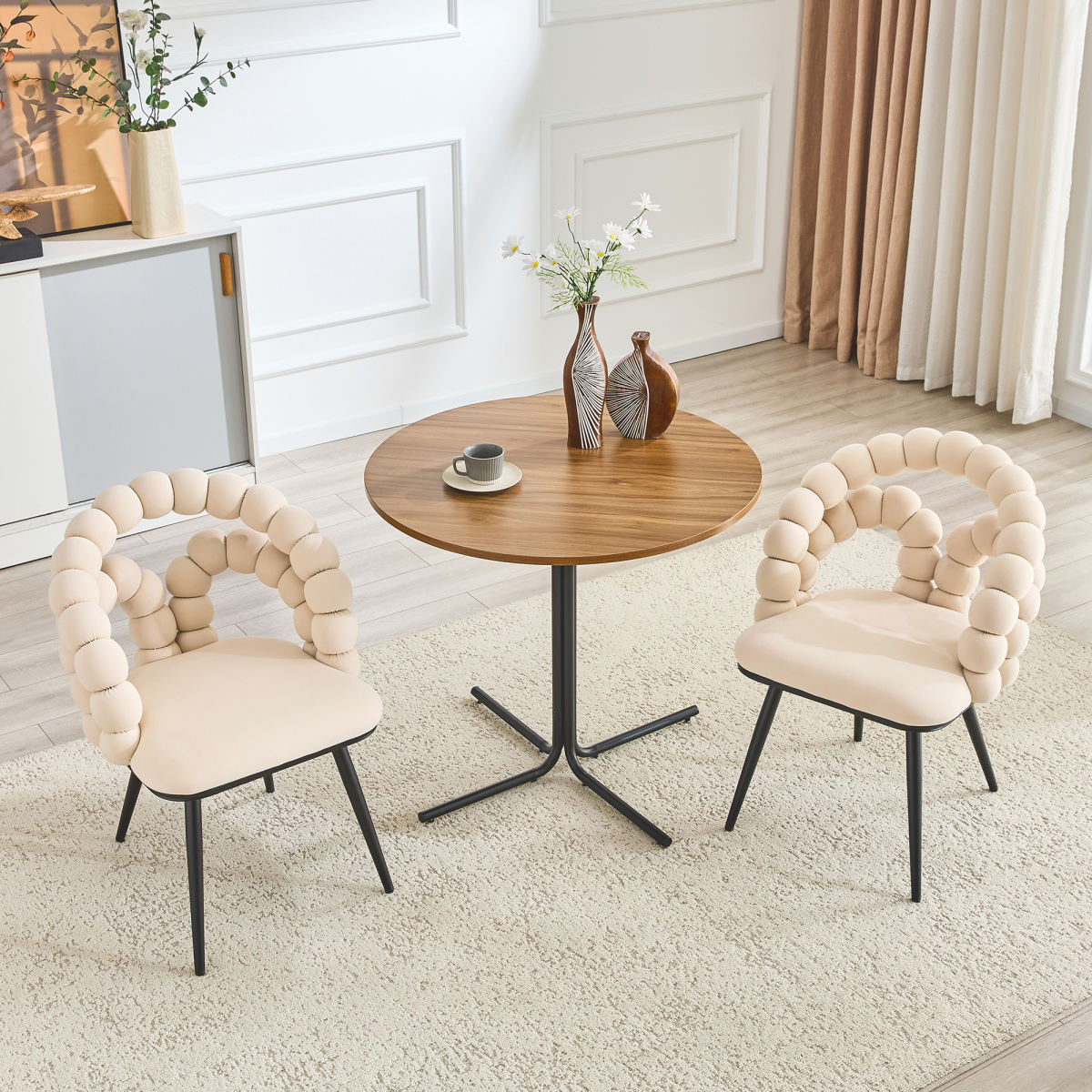 Set Of 2 Beige Velvet Bubble Dining Chairs,Modern Velvet Pebble Accent Side Chair With Curved Bubble Backrest & Black Metal Legs, Luxury Vanity Desk Chair For Kitchen Dining Room Bedroom Living Room