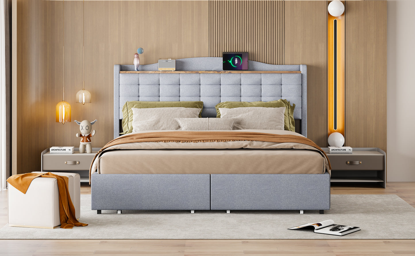 Upholstered Bed 160x200 Cm, Bedside Table With USB Charging Port And Shelf, Double Flat Bed With 4 Drawers, Linen Fabric Grey
