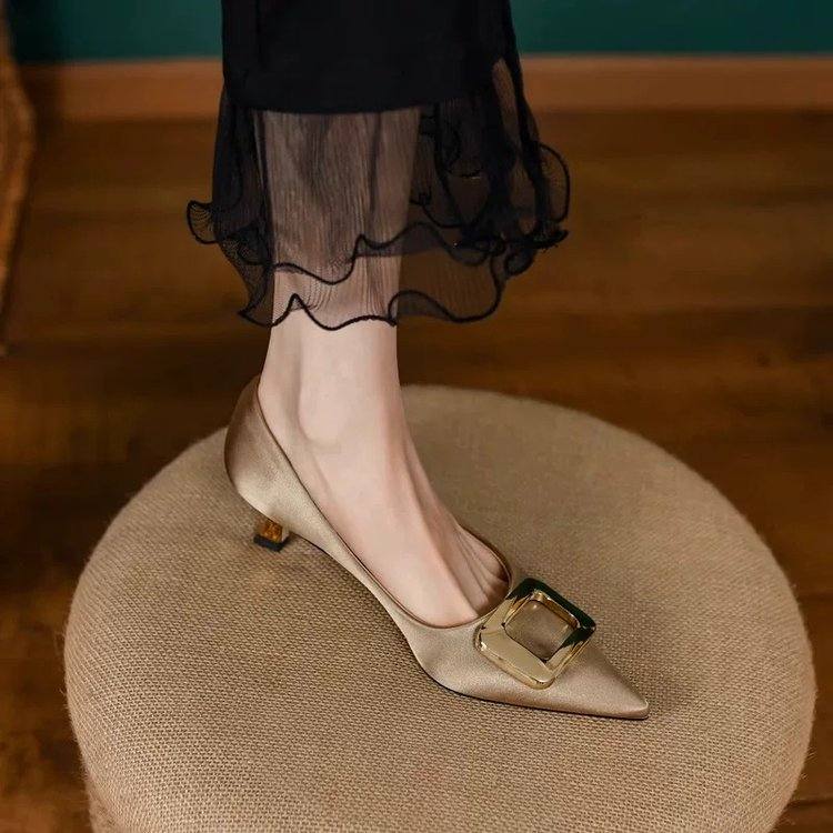 Women Soft Leather High Heels, New French Style Elegant Pointed Toe Pumps With Square Buckle