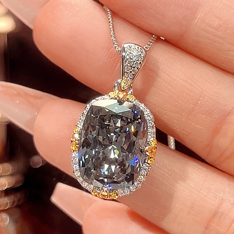 Women Smoky Tone Cubic Zirconia Jewelry Set, 3Pcs Cushion Cut Halo Inlaid Pendant Necklace Stud Earrings Adjustable Ring, European American Cool Tone Premium Accessories
