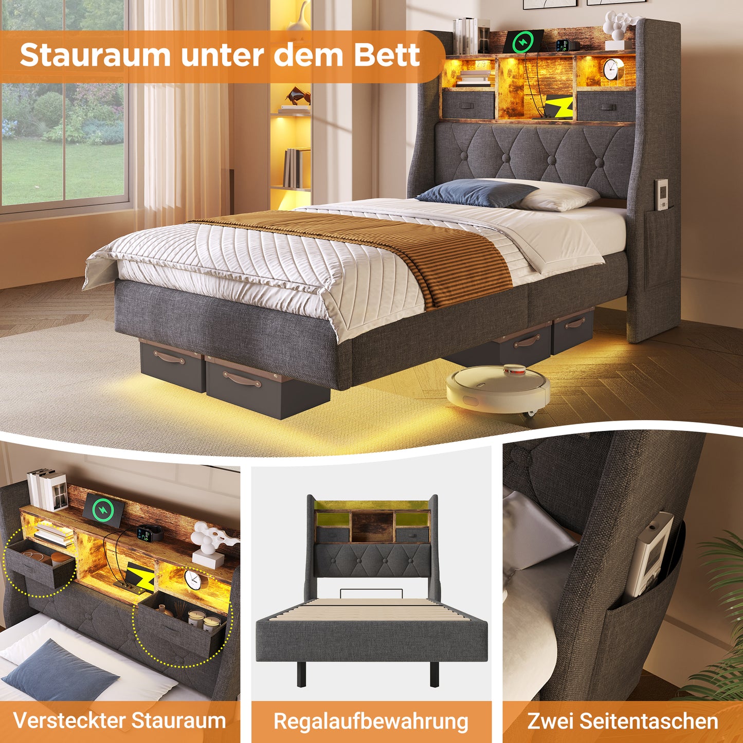 Upholstered Bed 90x200 Cm Floating Bed With LED Lighting, Headboard And Charging Station 1 Type-C, 3 USB Ports , Modern Single Bed With Storage Headboard And Slatted Base, Linen, Grey Without Mattress