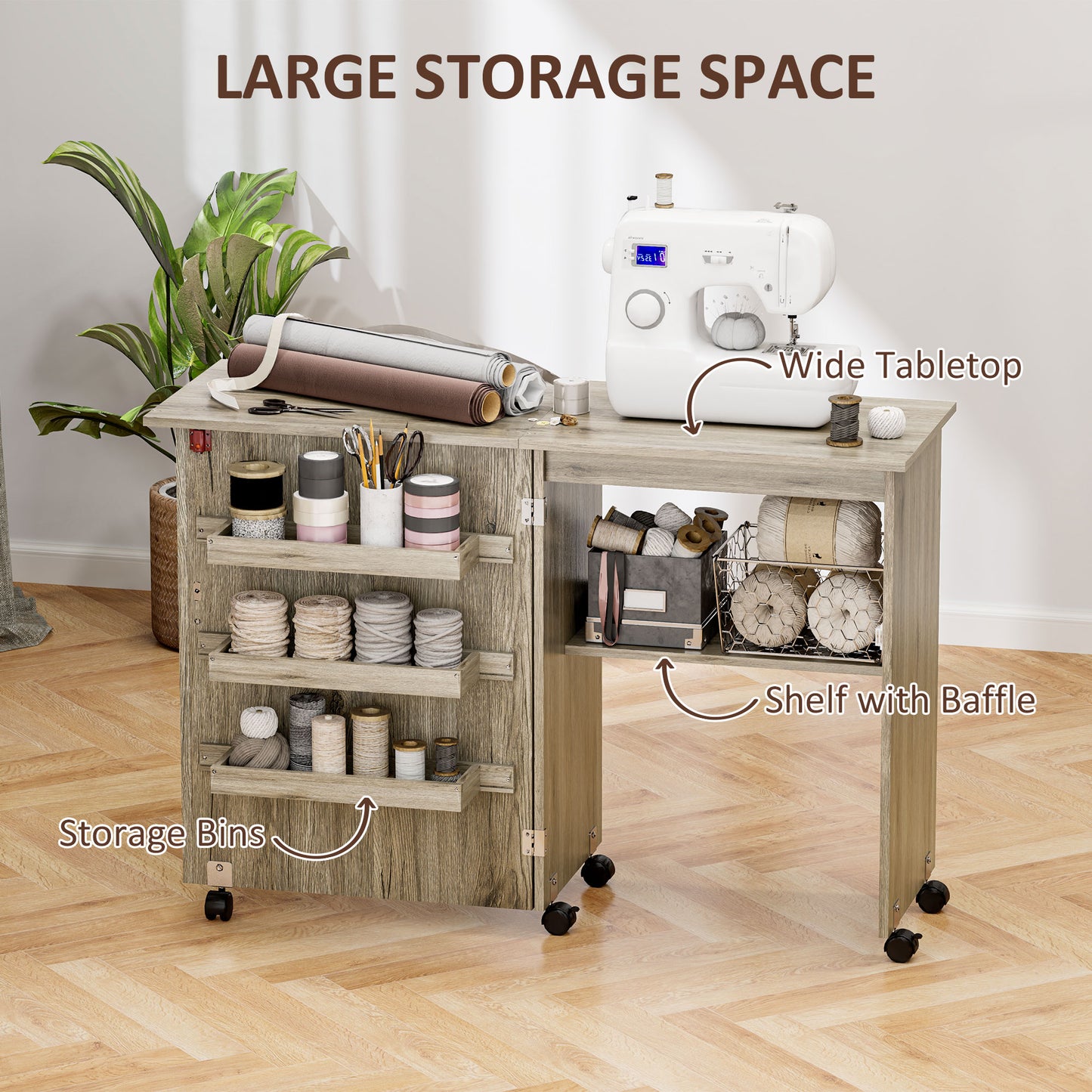 Folding Sewing Table, Drop Leaf Craft Table With Storage Bins, Open Shelf And Wheels, Rolling Sewing Machine Cabinet Computer Desk For Small Space, Grey