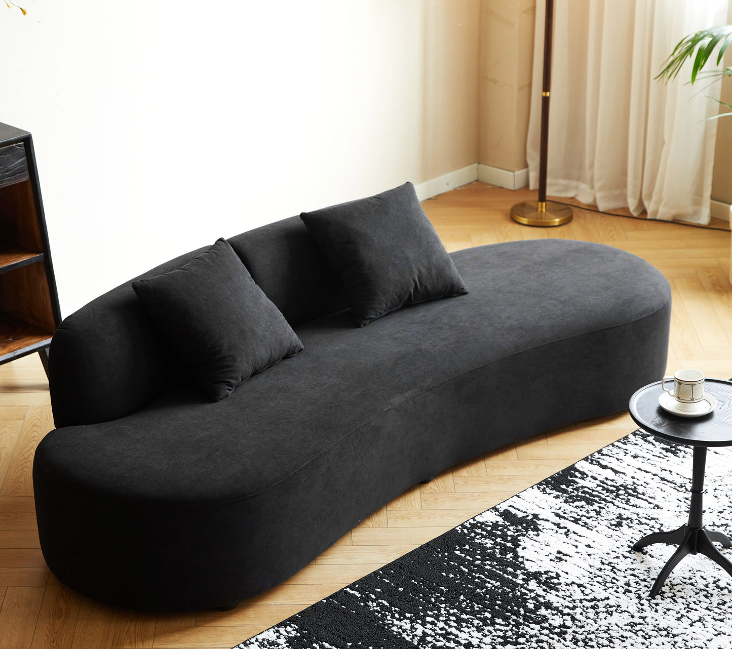 90 Curved Sofa With Throw Pillows, 4 Seater Luxury Velvet Couch With Half Moon Design And High-Density Foam, Ideal For Modern Living Room, Office & Apartment, Black