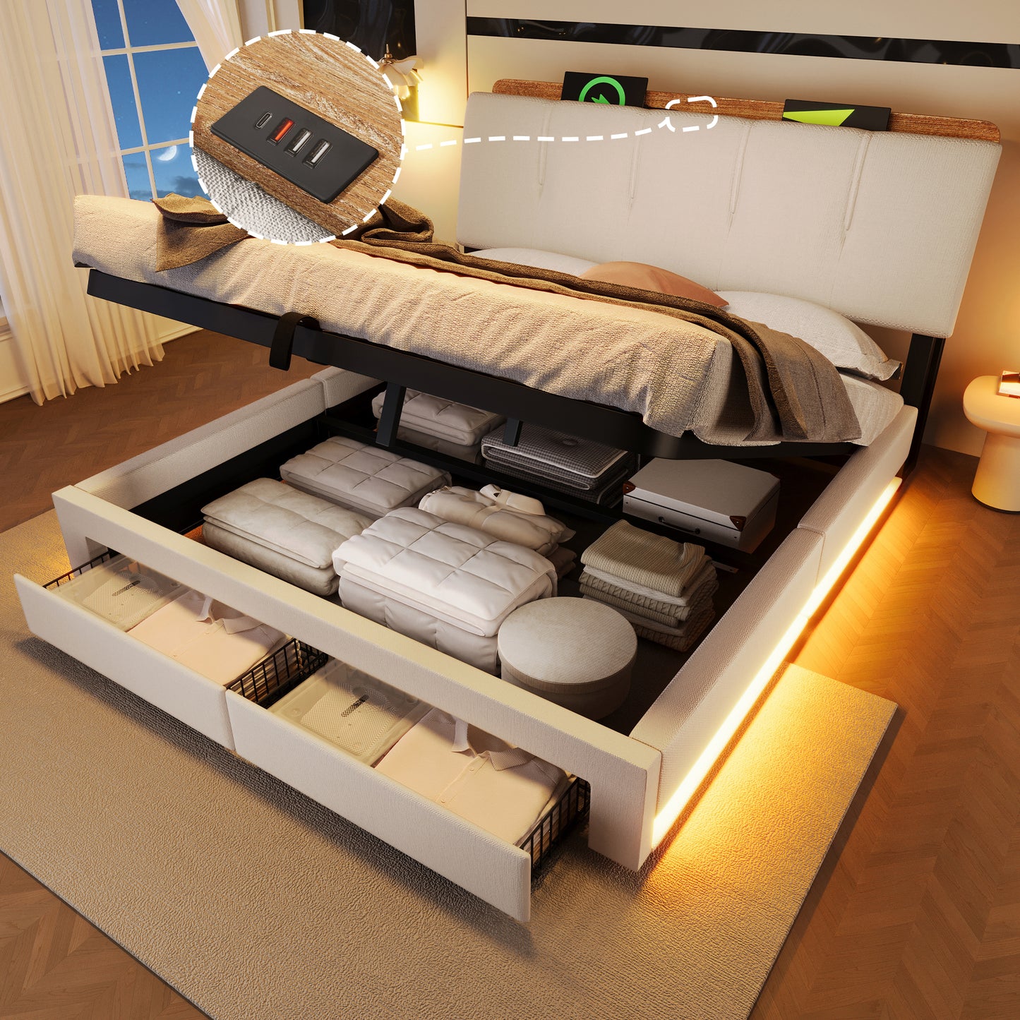 Upholstered Bed, 140x200 Cm, Hydraulic Storage, With USB Type-C Charging Function,Without Mattress,Multifunctional Storage, LED Lighting, Push-button Appdien, Linen, Beige