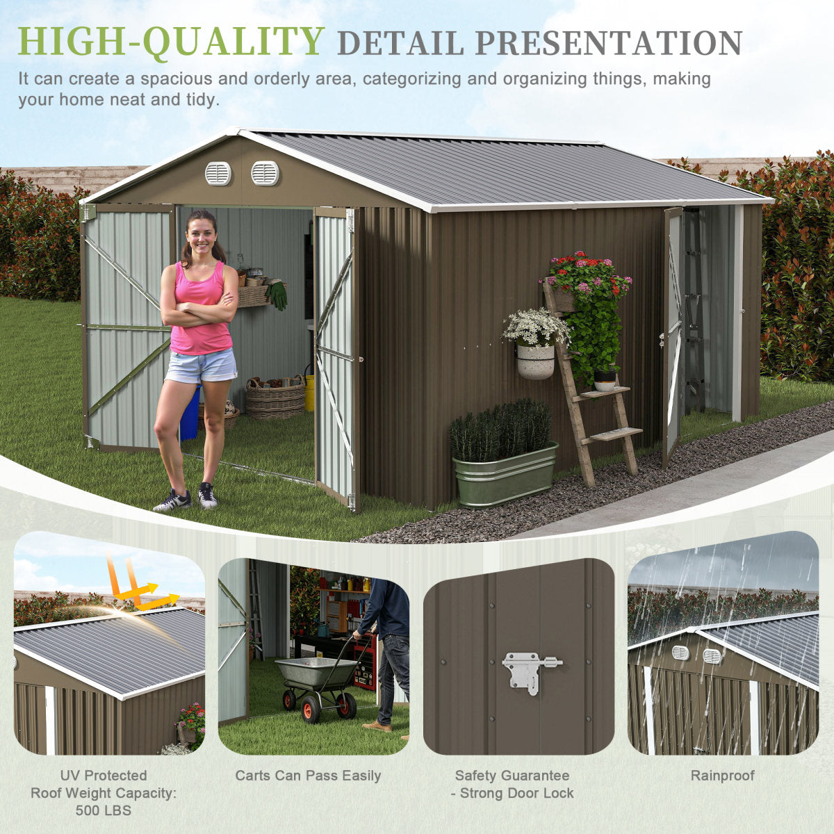 10x12 FT Outdoor Metal Storage Shed, Large Storage Sheds With Sturdy Frame Structure, Metal Garden Tool Shed With Lockable Door For Garden,Gift A Foldable Flower Pot Stand, Backyard,BROWN