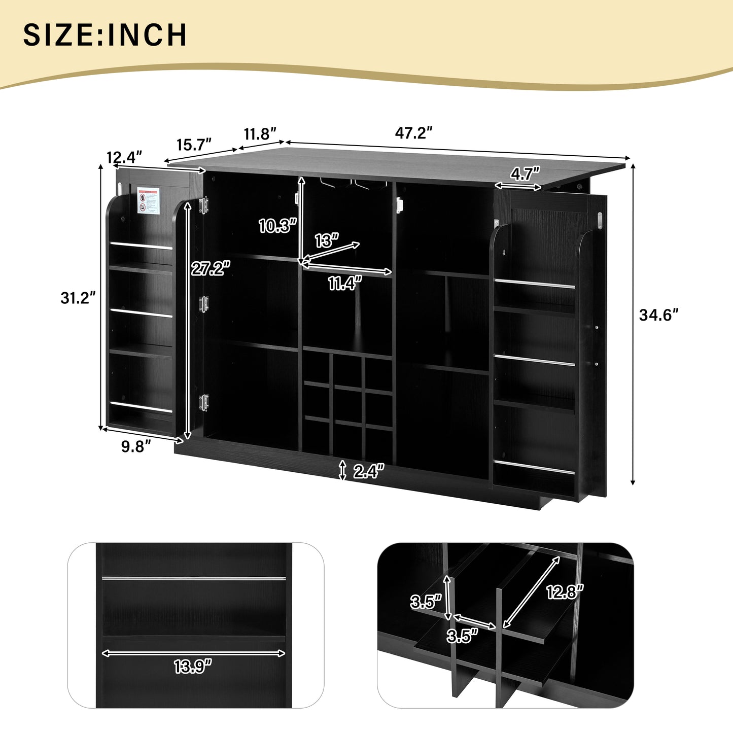 U-Style 47.2 Kitchen Island With Drop Leaf & Power Outlet Wine Bar Cabinet With Bottle Rack & Glass Holder Coffee Bar 2- Door Buffet Sideboard With Side Shelves Melamine MDF