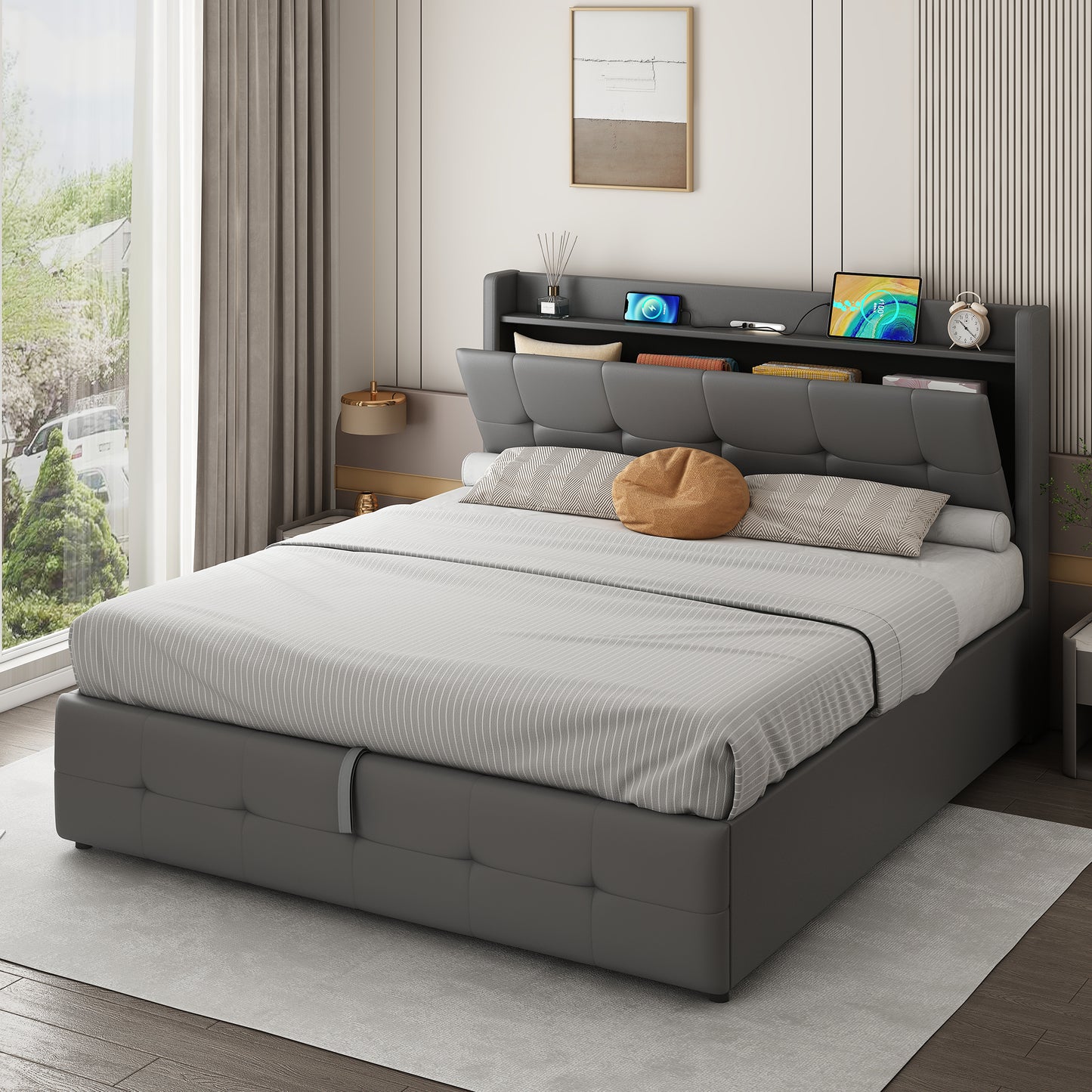 5ft King Upholstered Bed Frame With Hydraulic Storage, PU Leather Ottoman Bed With Concealed Headboard Storage, Double Bed With Charging Station And LED Night Light, Grey No Mattress