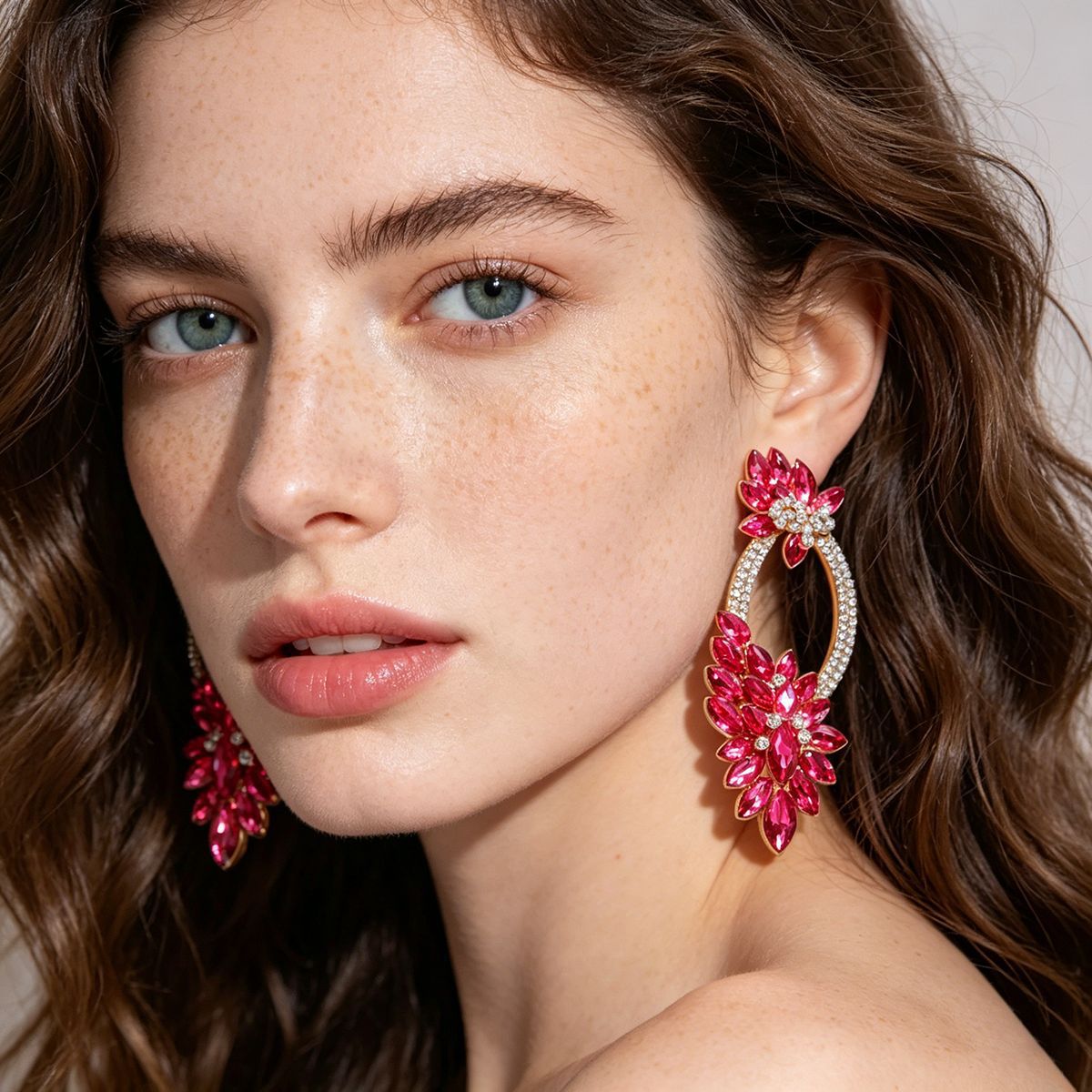 Vintage Floral Full Rhinestone Circle Drop Earrings - Niche Premium Evening Gown Photoshoot Aesthetic Ear Jewelry