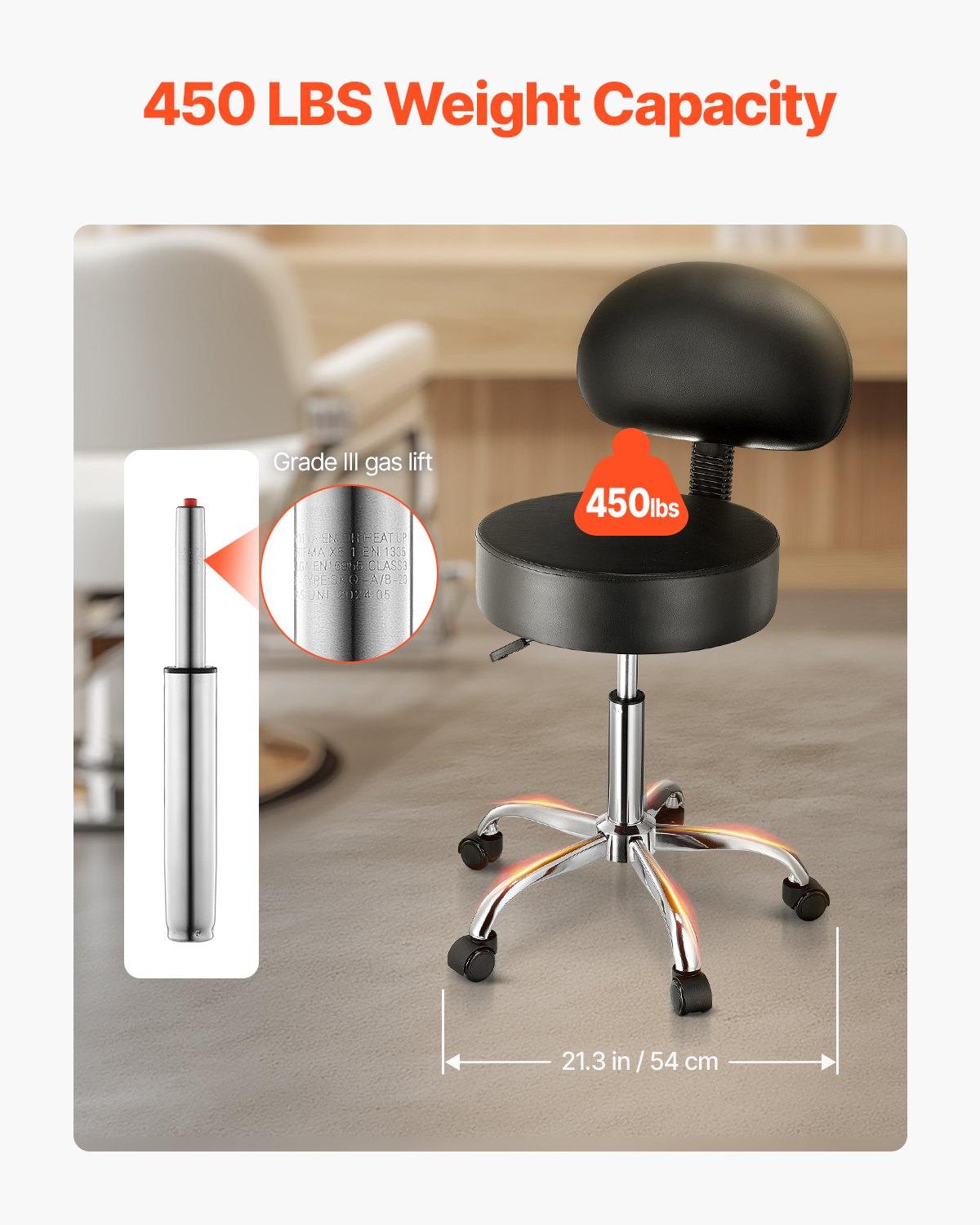Rolling Stool With Back Support And Wheels, 450 LBS Weight Capacity Round Rolling Stool Chair, Height Adjustable Thickened PU Leather Swivel Stool For Salon, Spa, Massage, Tattoo, Clinic, Black