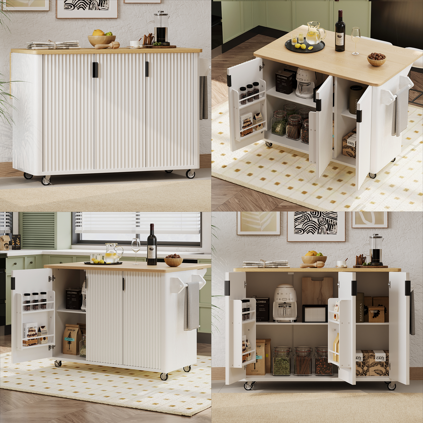 K&K 51 Fluted Kitchen Island With Drop Leaf, Farmhouse Accent Kitchen Island On Wheels With Internal Storage Rack, Rolling Kitchen Cart With Towel Rack For Kitchen, Dining Room, White Ash