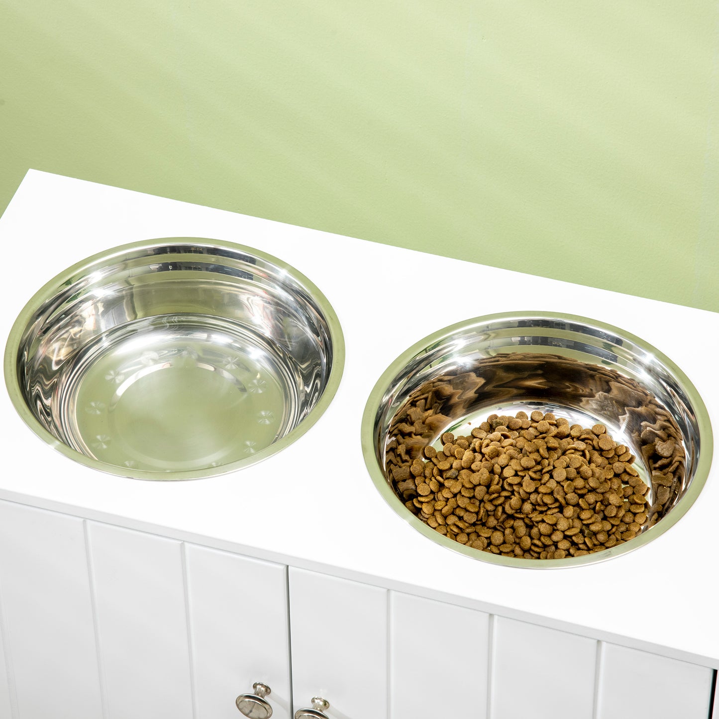 Large Elevated Dog Bowls with Storage Cabinet Containing Large 44L Capacity, Raised Dog Bowl Stand Pet Food Bowl Pet Feeding Station, White