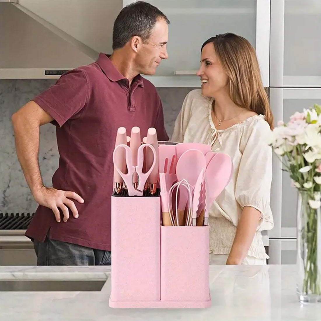 19pcs Set Non-Stick Silicone Kitchen Utensil Spatula Spoon Cooking Cookware Gift---pink
