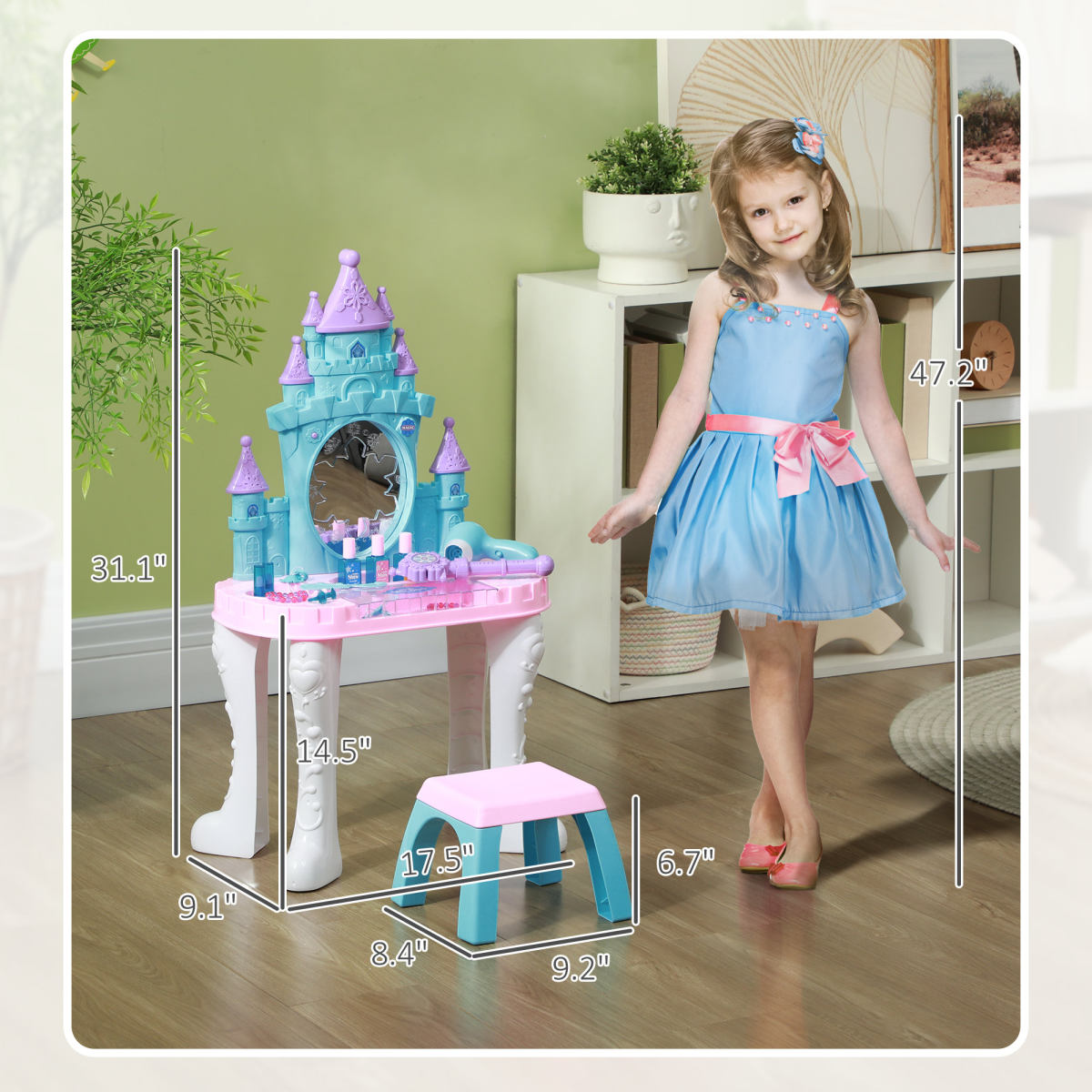 Kids Vanity Set with Mirror and Stool, Light, Music, Castle Design Makeup Table for Girls 3-6 Years, Multicolor