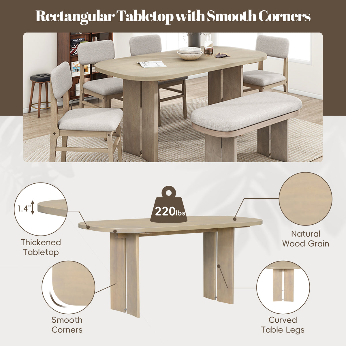 TOPMAx Solid Wood Dining Table Set With Bench - 6- Piece Upholstered Rectangular Dining Room Table Set With Bench 2- Color Modern Farmhouse Kitchen Furniture For Family Gatherings Natural