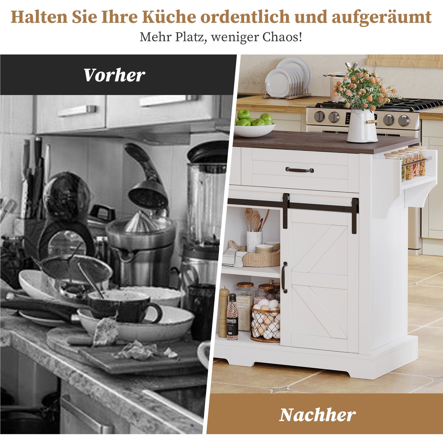 Kitchen Island With Folding Worktop, Kitchen Trolley On Wheels, Kitchen Cabinet With 2 Sliding Doors And 2 Drawers, Barn Style, White, Kitchen Storage Cabinet, 120x45 X91 Cm