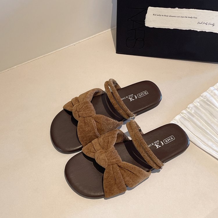 Flat Bottomed Slippers For Women's Summer, New Bow Tie, One Line Drag, Fashionable And Versatile, Soft Bottom, Comfortable Beach Slippers For Outdoor Wear