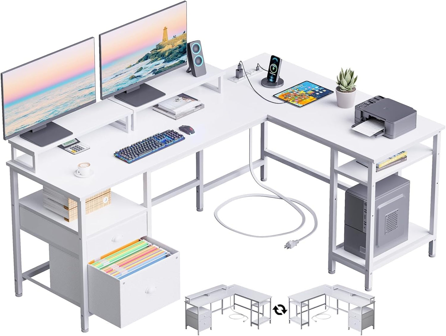 L-shaped Office Desk With Power Socket, Reversible Computer Game Table, Fabric Drawer, And 2 Monitor Stands