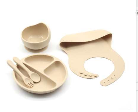 Four-piece Feeding Tableware Baby's Silicone Bib Food Grade Children's Suit Including Pinny Solid Food Bowl