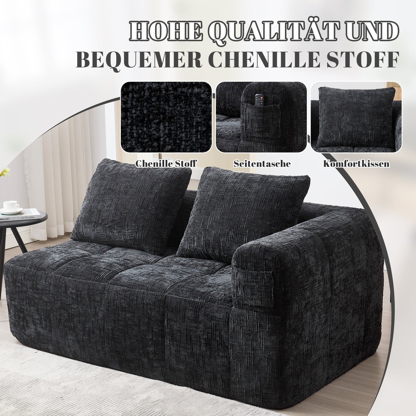 Comfortable Sofa For 2 People, No Assembly Required, Fluffy Sofa With A Cushion, Side Pockets For Remote Control And Mobile Phone, Neat And Stylish, Black