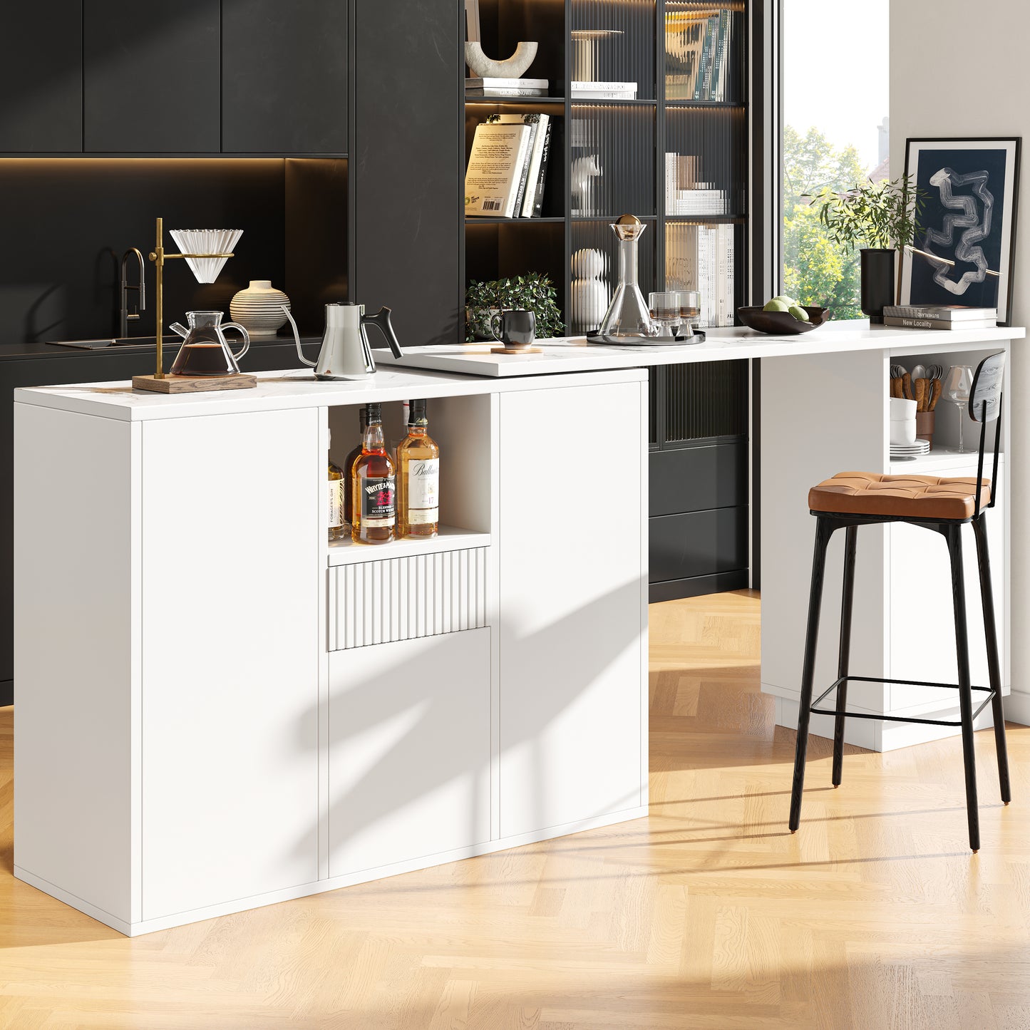 360 Swivelling Bar Table Main Body 198.5 X 30 X 75 Cm Modern And Sleek Design, With Open Storage Space And Marble Worktop, Suitable For Kitchen, Living Room And Dining Room, White