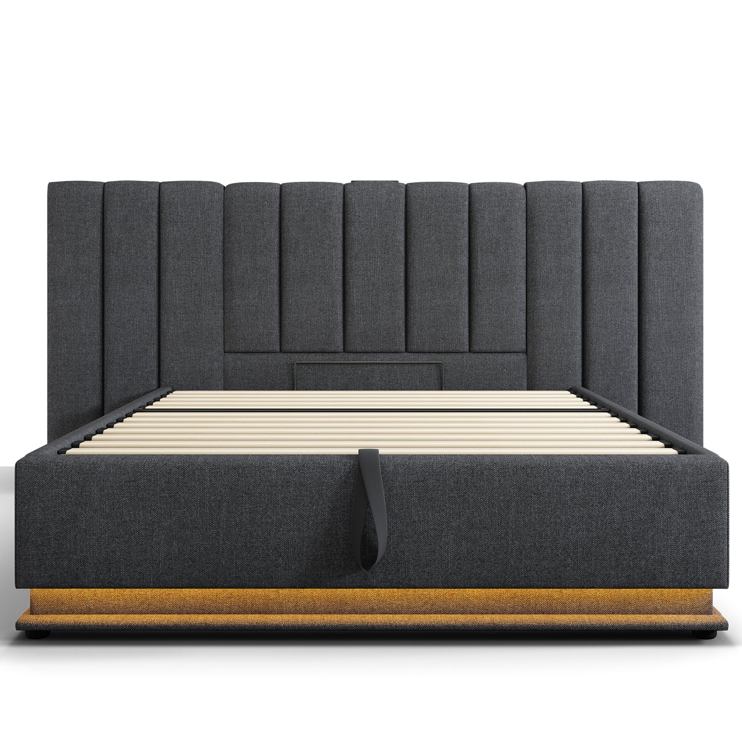 Upholstered Bed 180x200, Double Bed Storage Bed With App Control LED And USB-C Charging Function, Bed Frame With Slatted Base, Linen, Grey, Without Mattress And Bedside Table