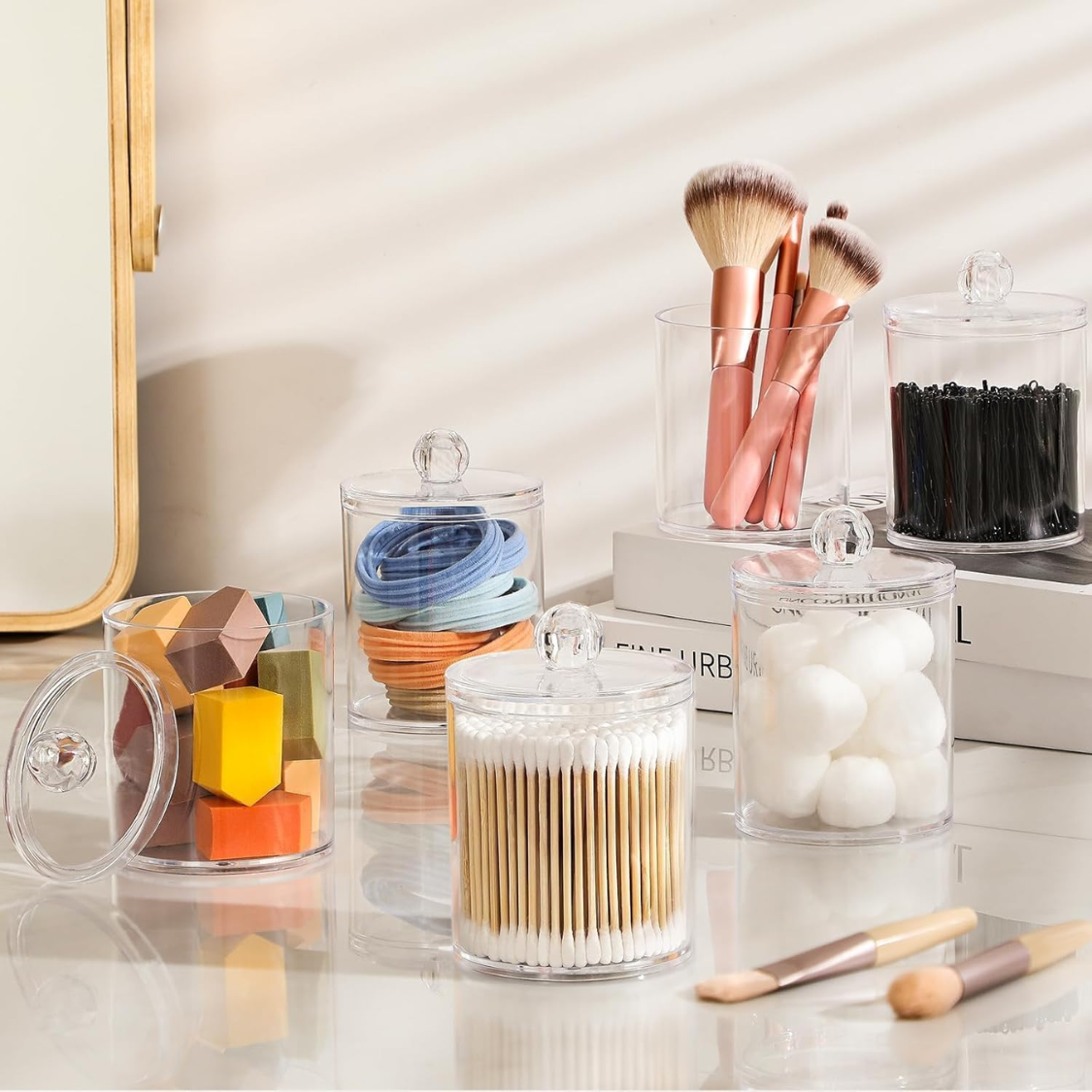 4 Pack Acrylic Qtip Holder Dispenser For Cotton Swabs, Balls, Pads, Floss Picks- Small Clear Acrylic Canister Apothecary Jar Set, Bathroom