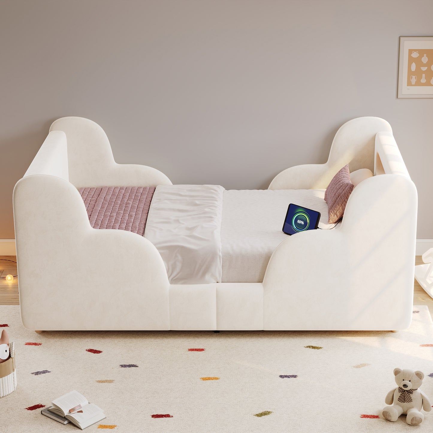 Children's Bed 90 X 200cm, Upholstered Bed, Single Bed, With Safety Railing, With Night Light And USB Charging Port And Storage Compartments, Bed Legs Made Of Solid Wood, Velvet, Beige