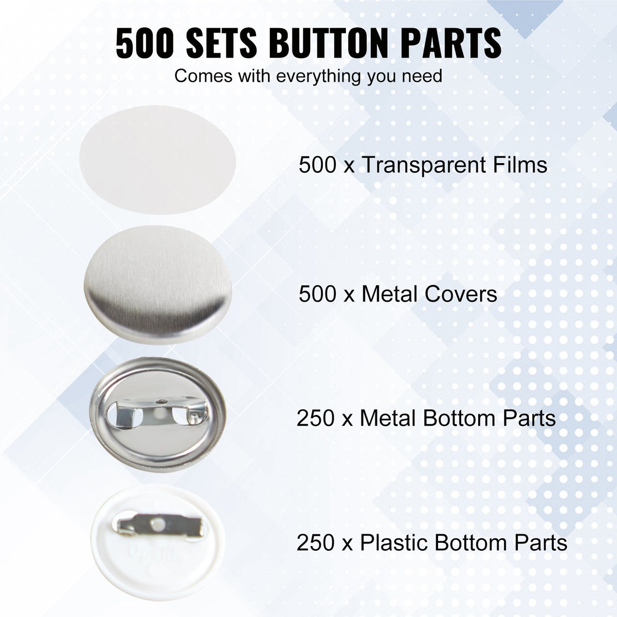 500 Sets 1 Inch 25mm Pin Back Button Parts, DIY Round Button Badge Parts, Set Includes Metal Top, Plastic/Metal Button, Clear Film, And Blank Paper For Gifts Presents, Machine NOT Included