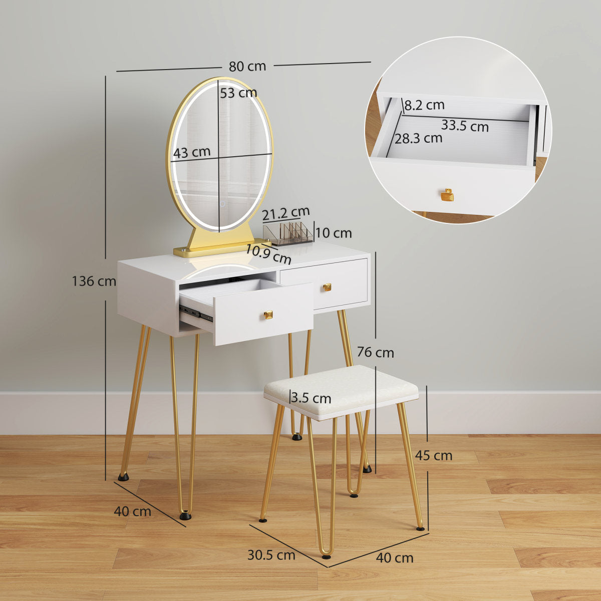 Dressing Table With LED Mirror And Cushioned Stool, Vanity Desk With Acrylic Lipstick Holder And 2 Drawers, Makeup Table For Bedroom, White