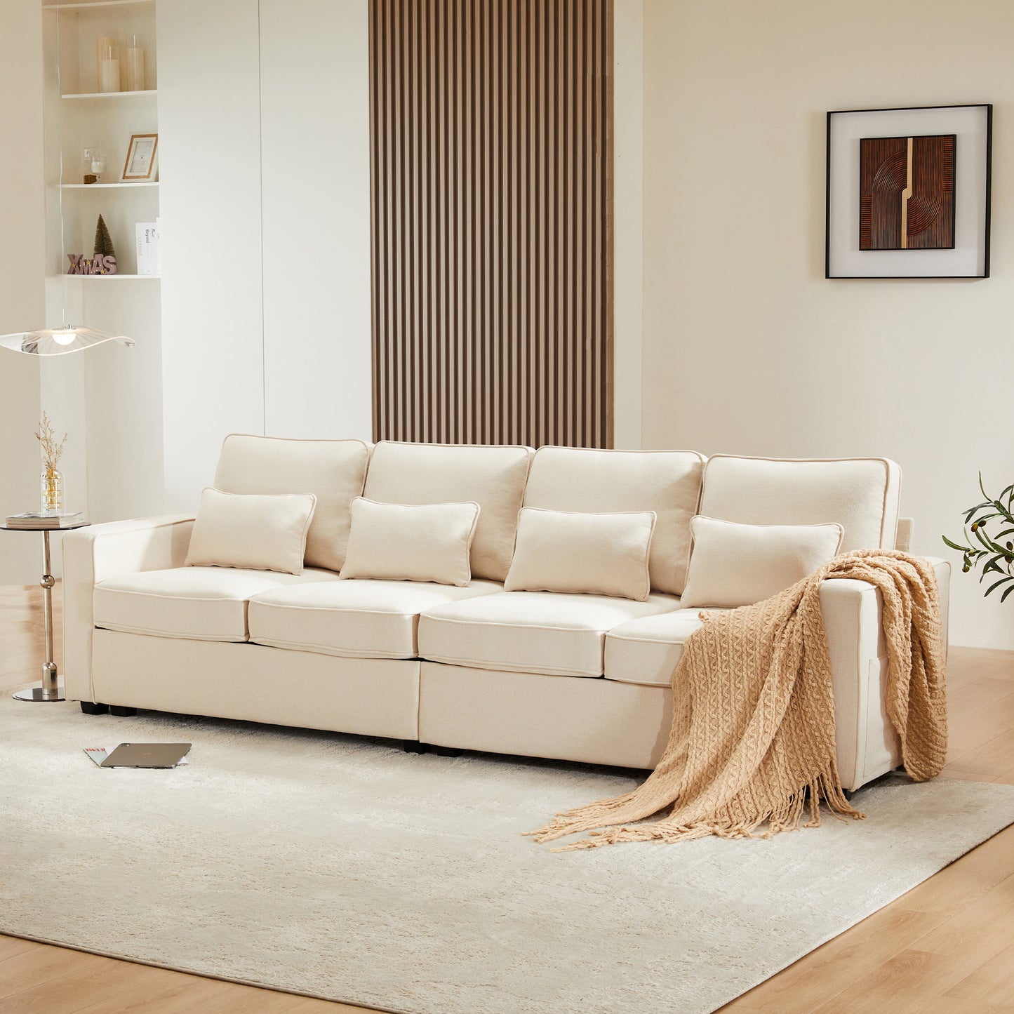 Modern 4 Seater Linen Fabric Sofa, Four Seater Sofa With Armrest Pockets And 4 Cushions, Simple Style Sofa, Suitable For Living Room, Apartment, Office, 3 Sofa Color Options