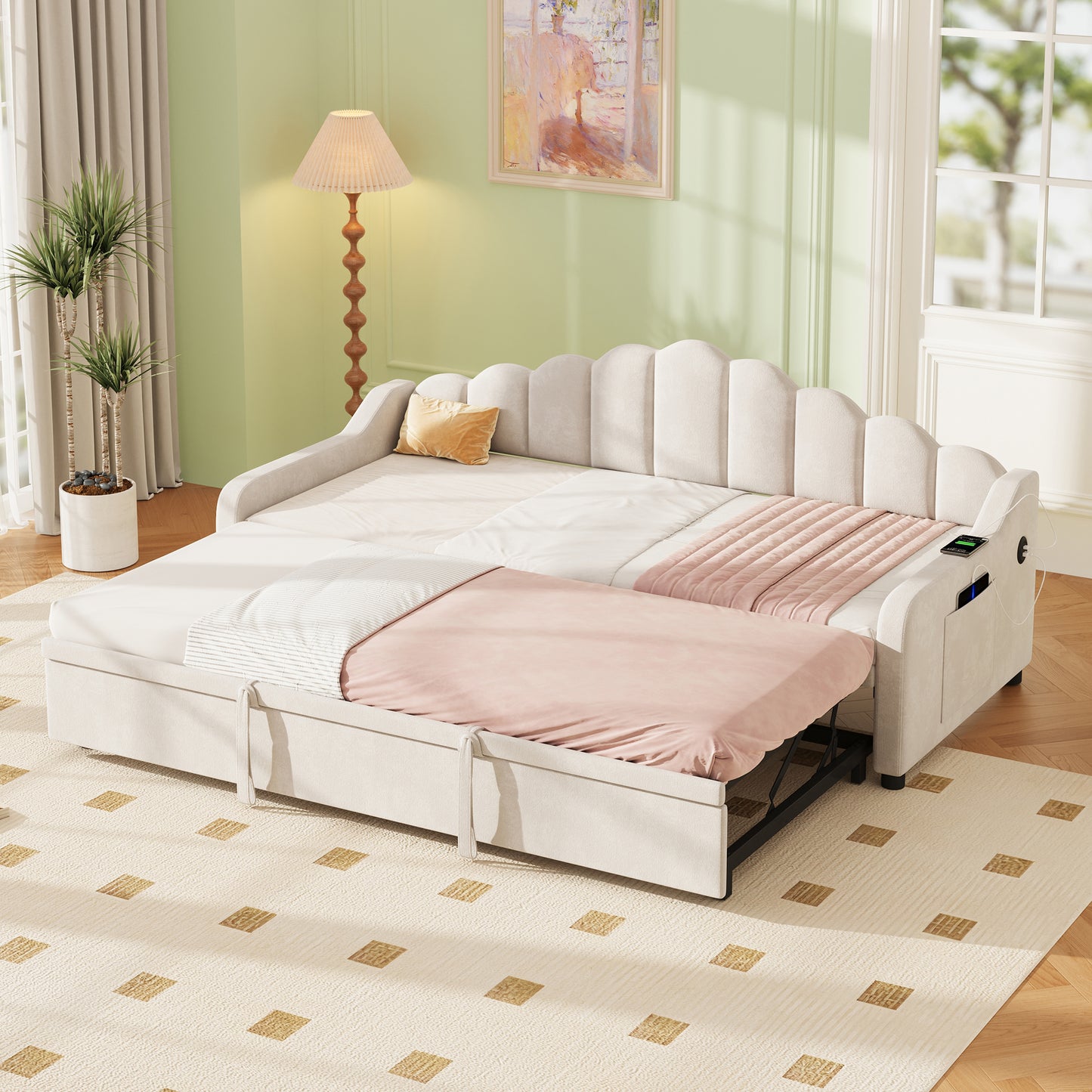 3ft Single Daybed With Pull-out Trundle, Velvet Upholstered Sofa Bed With Side Charging Station & Storage Pockets, Chic Fluted Scalloped Backrest, Beige No Mattress