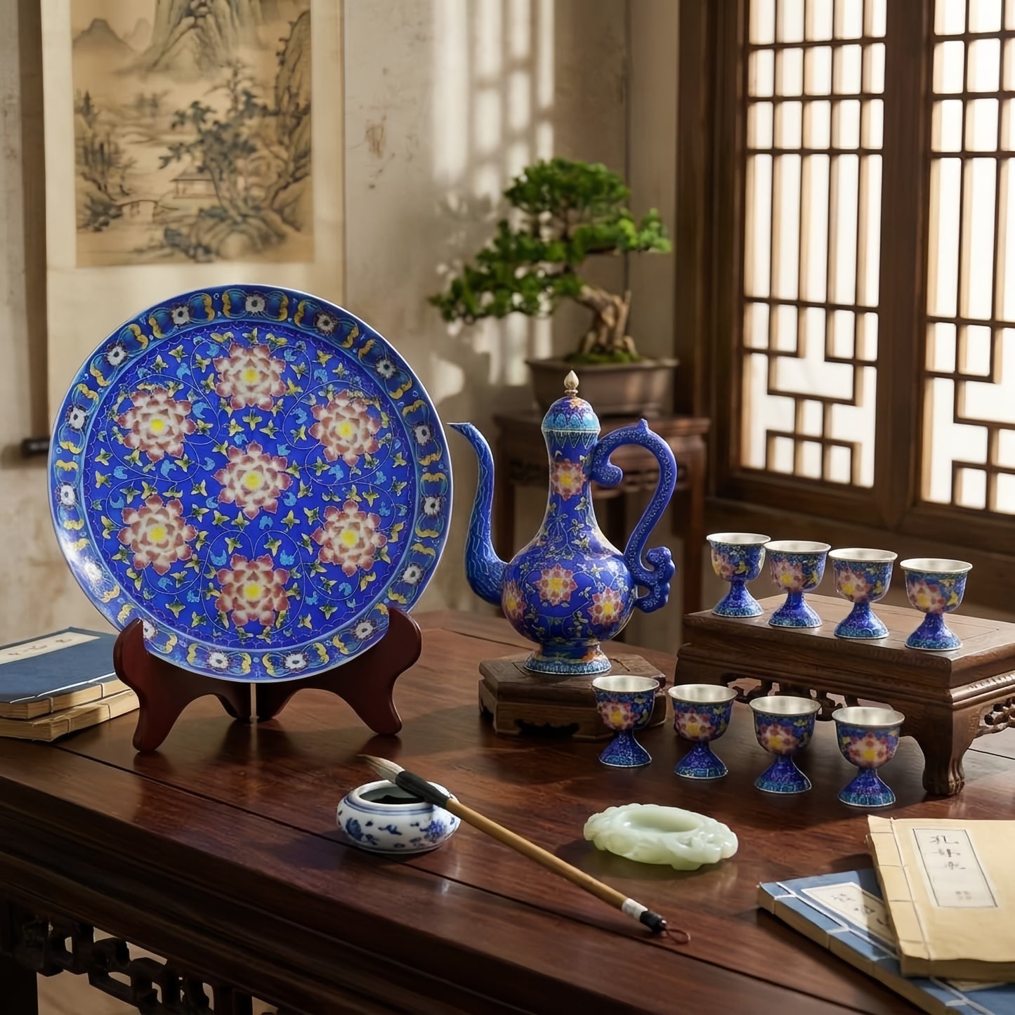 925 Sterling Silver Chinese Cloisonné Tea Set with Floral Motifs on Wooden Stands - Handicraft