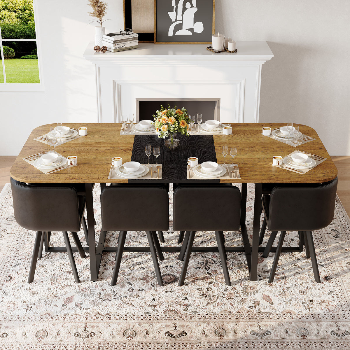 9-Piece Square Dining Table Set, Fixed Two-Tone Wood Grain & Black Wood Grain Triamine Tabletop With 8 Black Faux Leather Chairs, Modern Kitchen Table Set For 8 People, Ideal For Family Gatherings