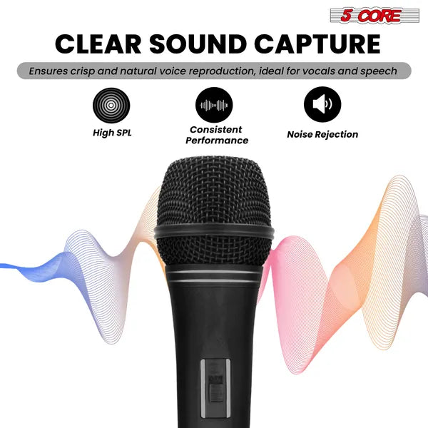 5 CORE Professional Dynamic Vocal Microphone Neodymium Cardioid Unidirectional Handheld Mic For Singing Karaoke Steel Mesh Grille Metal Body With ON Off Switch + 16ft Detachable Cable + Clip + Bag