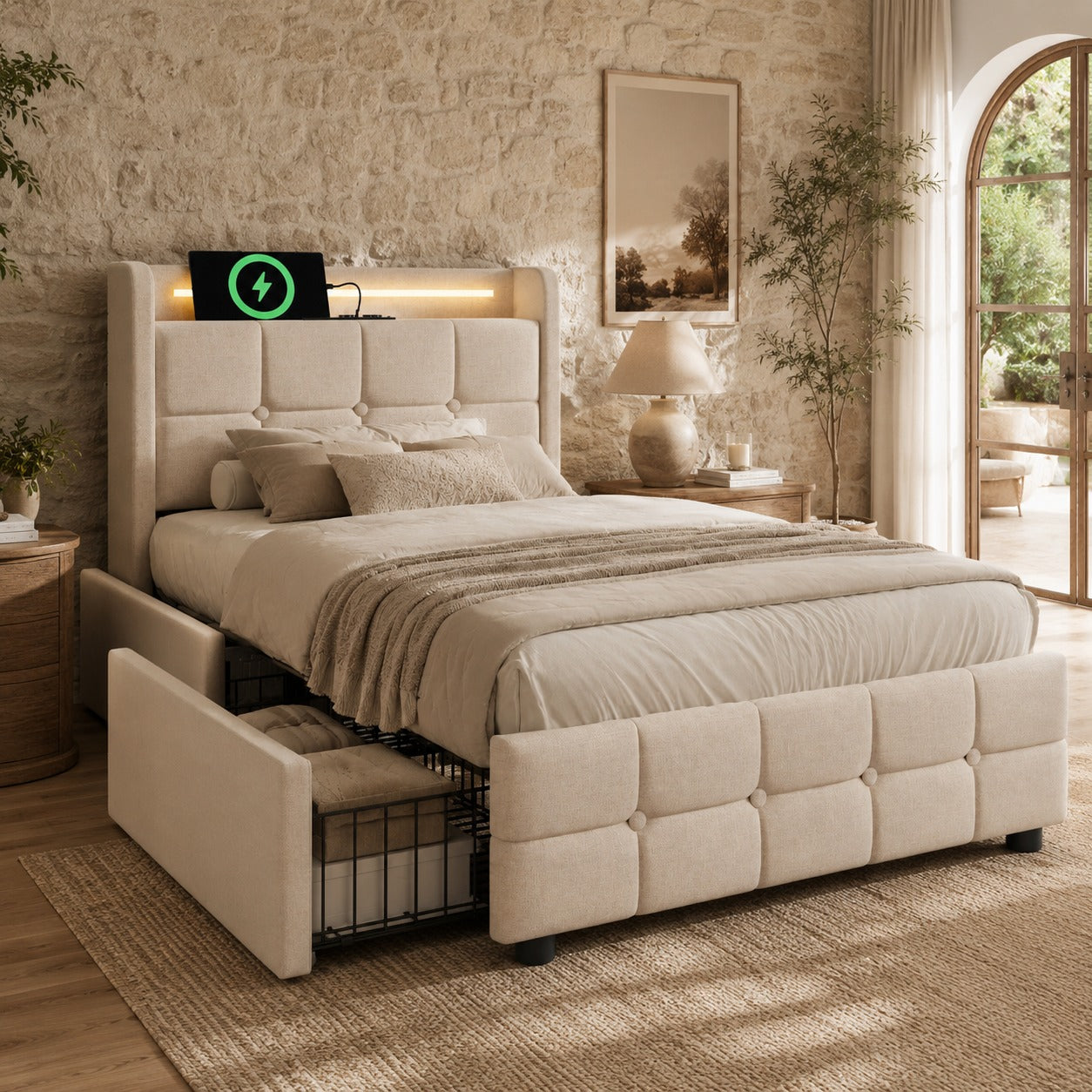 Upholstered Bed With Charging, USB Charging Function, Headboard And LED Lighting And 2 Drawers, Single Bed 90x200cm, Storage Beds, Bed Frame, Wooden Slatted Base, Beige Without Mattress