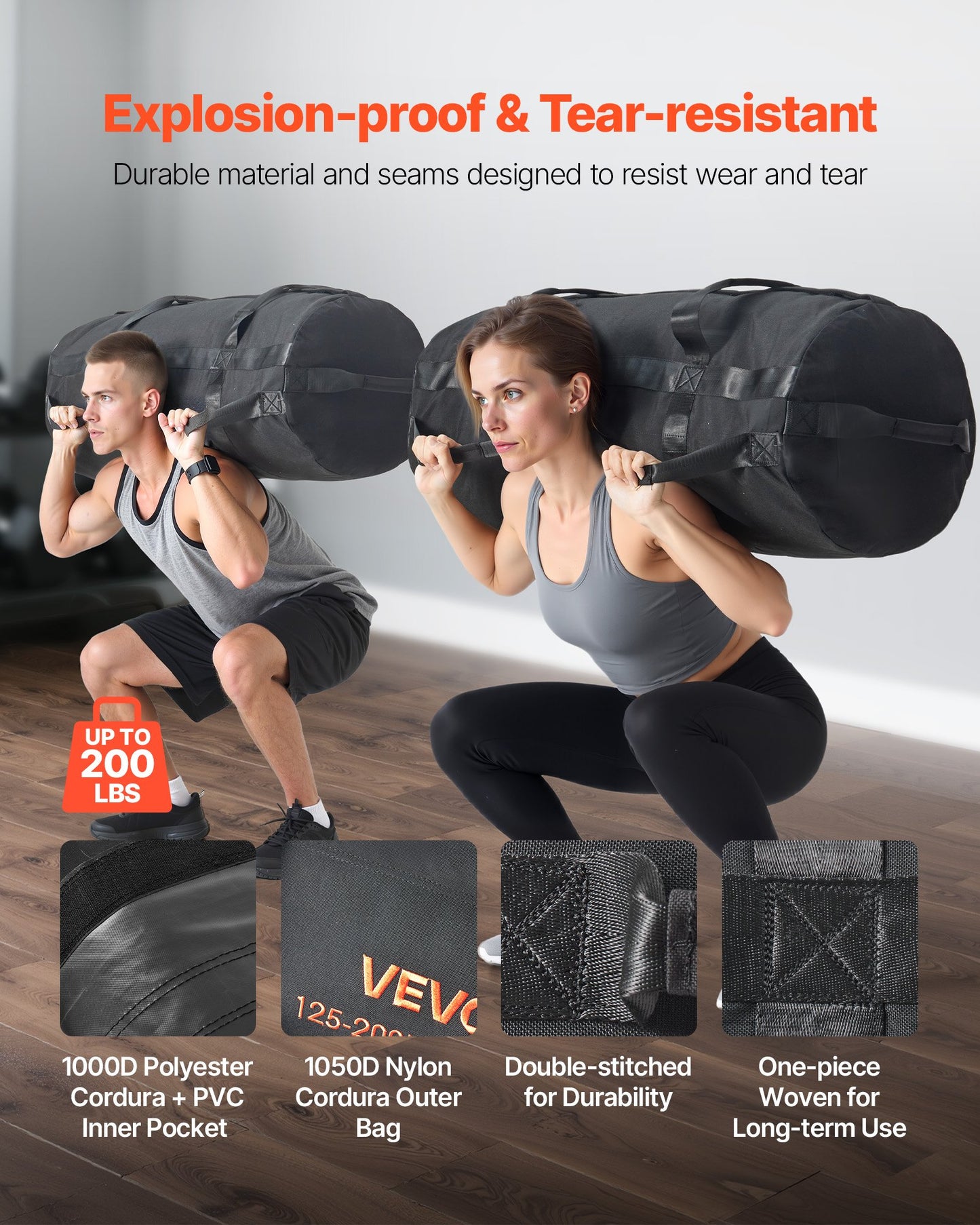 Workout-Sandsack, Strapazierfähige Powerbags Sandsack-Trainingstasche Mit Griffen, Einstellbar 56-90 Kg Für Fitness-Krafttraining, Cross-Training, Fitnessstudio-Übungen, Schwarz (ungefüllt)