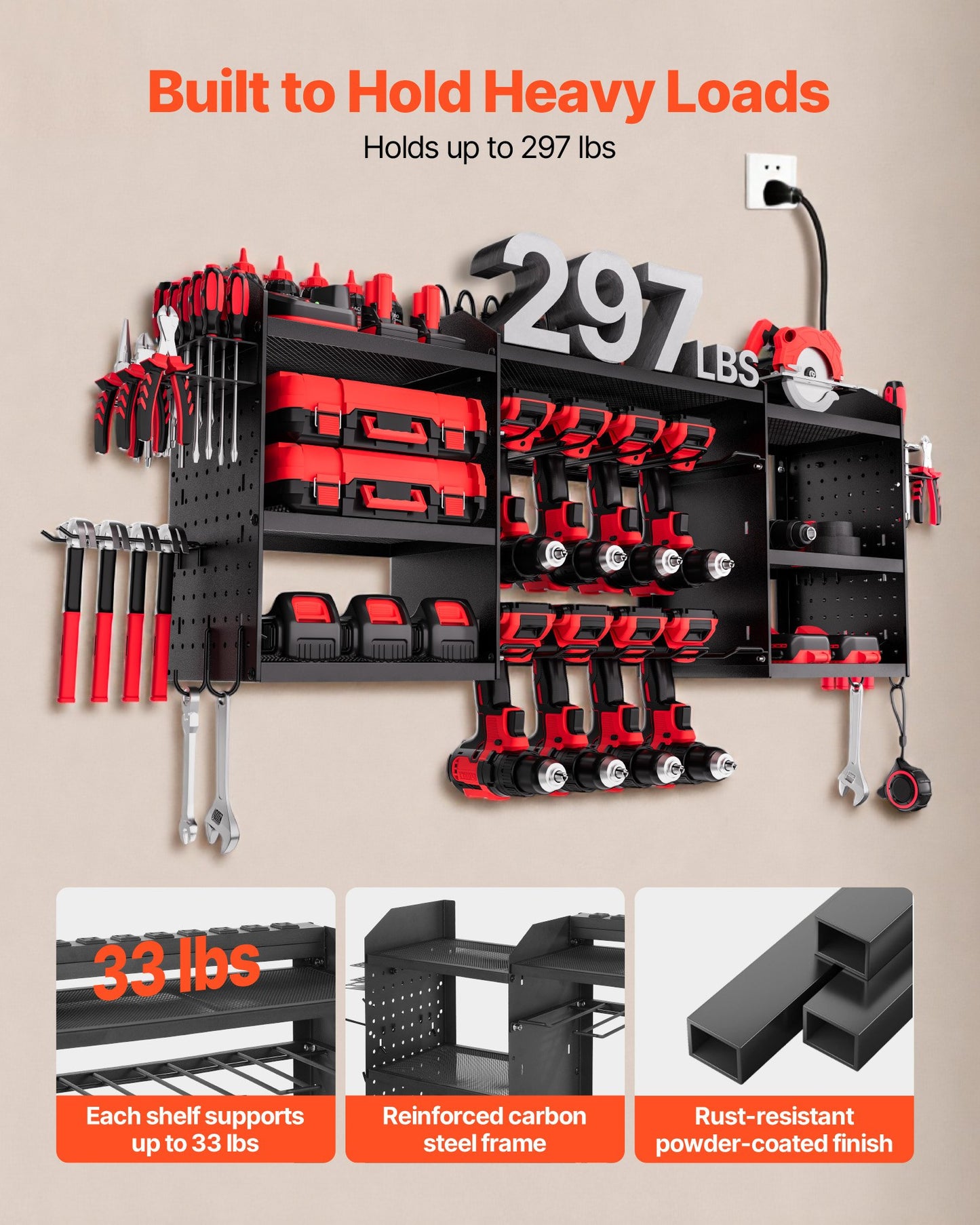 Power Tool Organizer With Charging Station, 3-Layer Power Tool Battery Storage Rack With 5.58 Ft Power Strip, 8 Drill Holders & 8 Outlets, Garage Tool Organizer For Garage, Workbench, Workshop