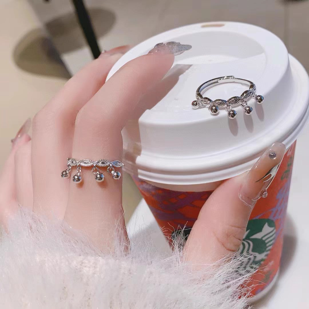 1pc 999 Sterling Silver Filigree Beaded Tassel Open Ring, Sweet & Elegant, Perfect For Daily, Dating & Gifting, Ideal Valentine's Gift