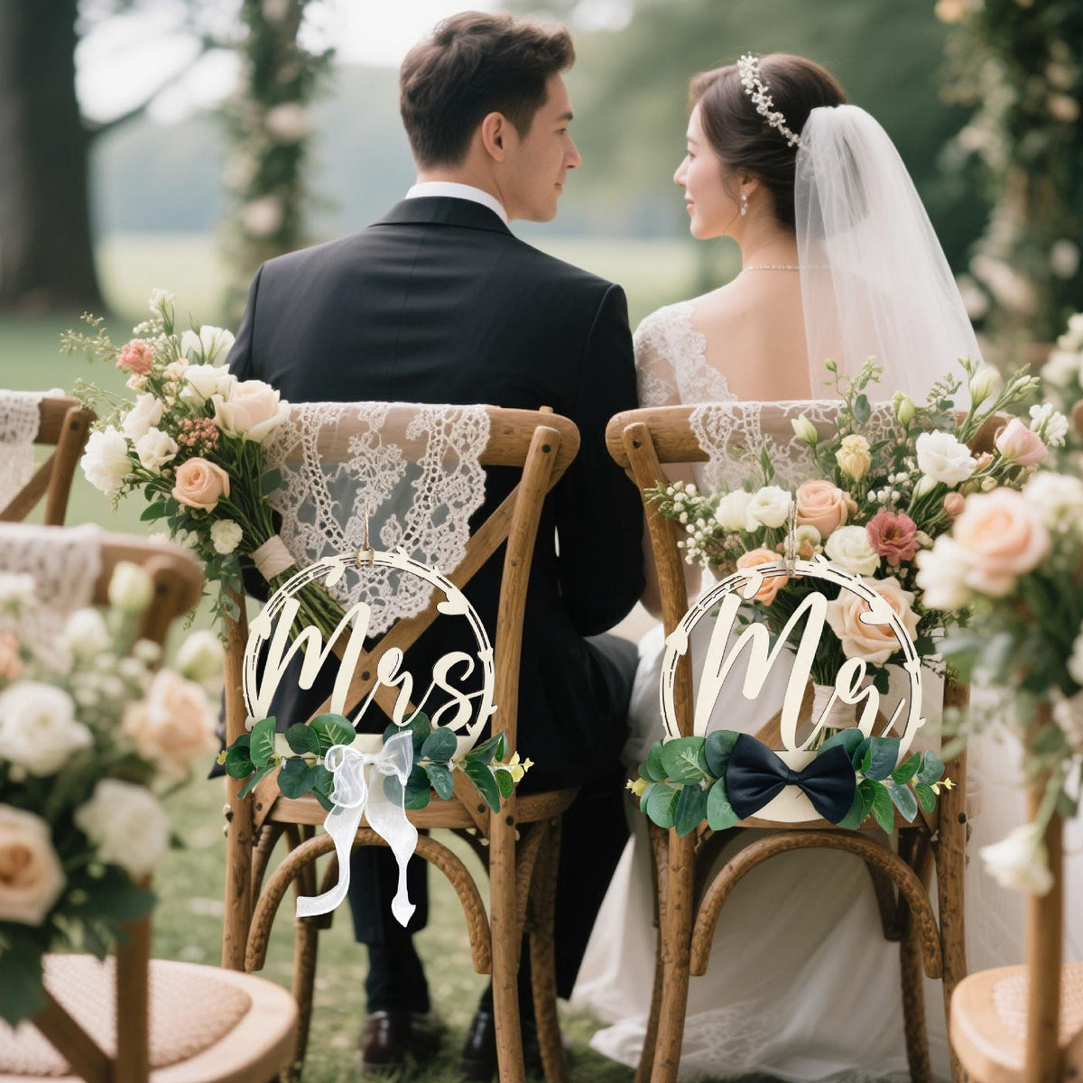 Mr And Mrs Wedding Chair Signs, Rustic Wooden Eucalyptus Chair Hanging Decor With Bowknot, Boho Bride Groom Chair Markers For Wedding Ceremony Reception Backdrop Decoration