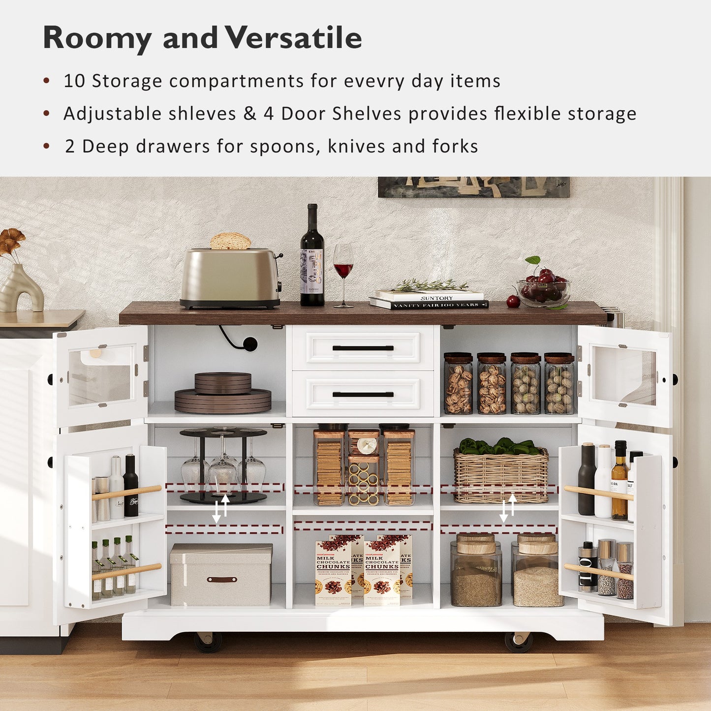 K&K 54.9 Kitchen Island With Drop Leaf, Power Outlet, Kitchen Storage Cart With 4 Door Shelves, Cross Barn Doors & Visual Glass Door, Rolling Kitchen Island On 4 Wheels For Kitchen, Dining Room,White