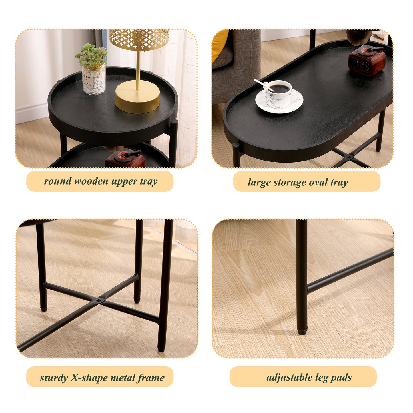 2-Tier Black Side Table With Storage Sofa Table For Living Room Metal Frame & Wooden Desk End Table