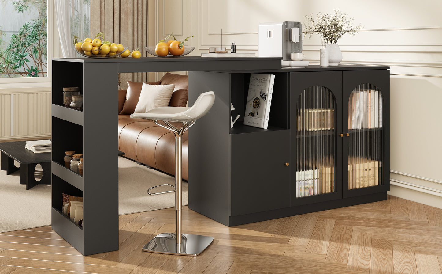 360 Rotating Bar Table Main Body 120 X 40 X 97 Cm , Modern And Simple Black Rotating Dining And Bar Cabinet, Multifunctional Storage Cabinet With Glass Door
