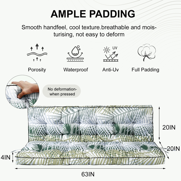 Outdoor Swing Cushions 63 Inch,Waterproof 4in Thick Porch Swing Cushion Replacement With Backrest And Ties,Comfortable 2-3 Seat Pation Swing Pad For Backyard,Garden,Lawn,Outdoor Furniture Bamboo Leaf