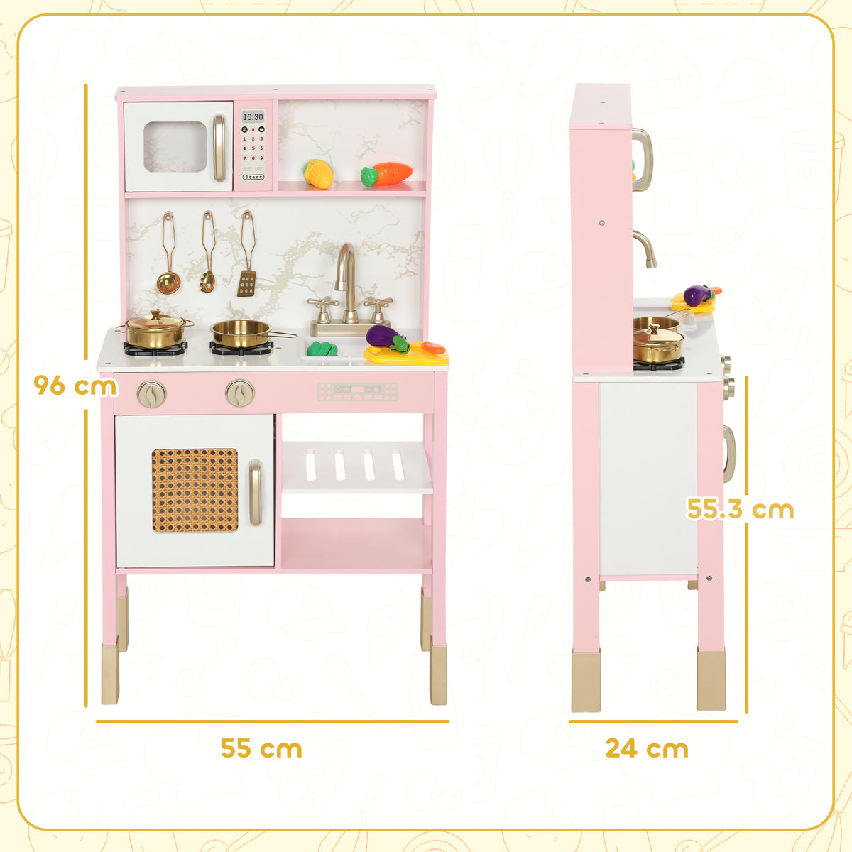 Kitchen Playset With Pretend Play Cooking Accessories, Play Kitchen With Oven, Microwave And Sink, Pink