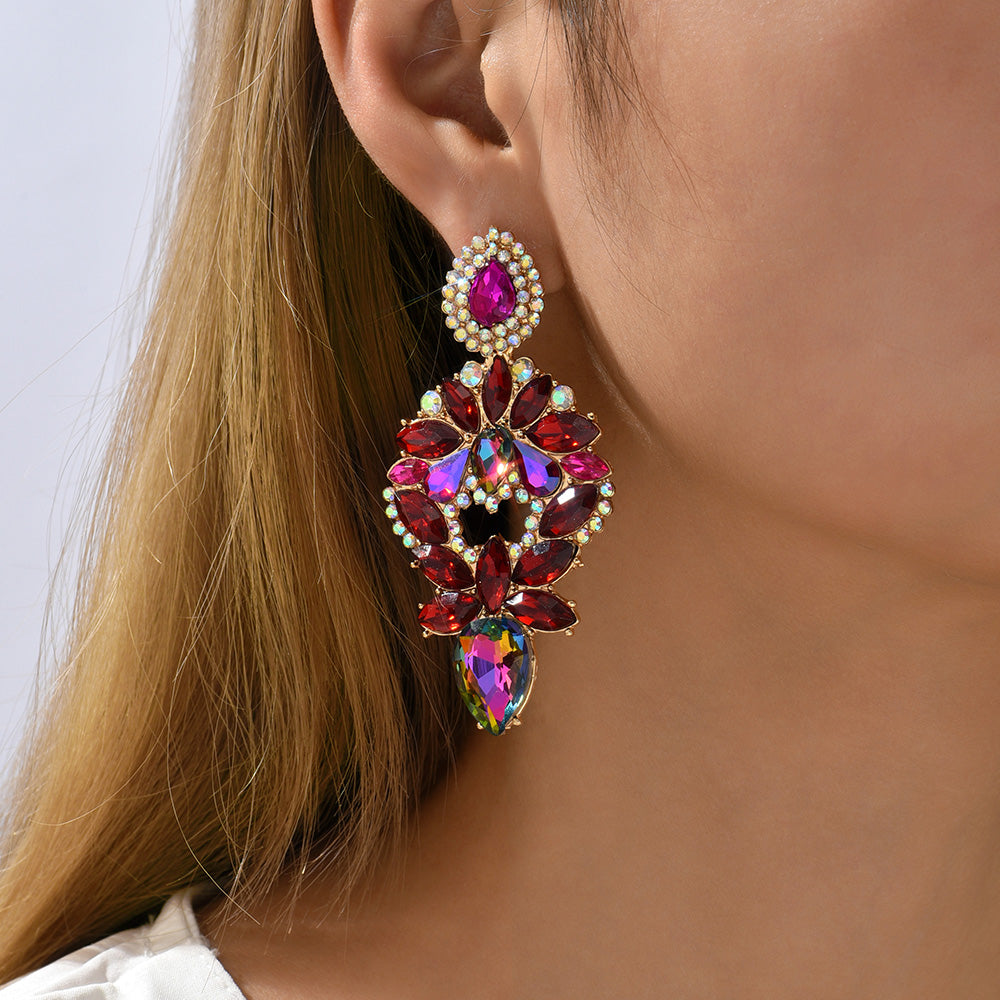 Multi Color Paved Rhinestone Floral Teardrop Dangle Earrings Women Luxury Statement Wedding Prom Formal Party Accessories
